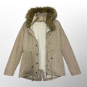 Copper Key Women’s Quilted Parka Jacket Small Faux Fur Hood Sherpa Lined Beige